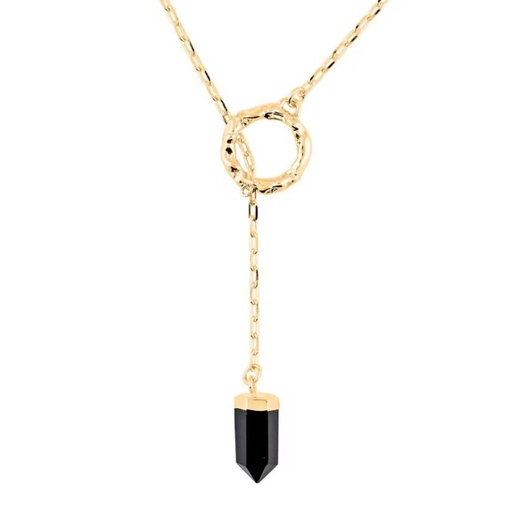 Jewelry - Women's Black Agate Gemstone (6.70 ctw) Necklace  18" in Goldtone